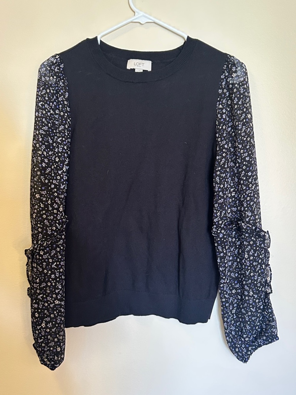 LOFT Black Sweater with Floral Puff Sleeves
